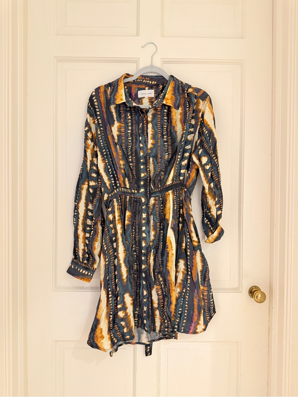 Dear John Navy and Mustard Abstract-Striped Mini Shirt Dress